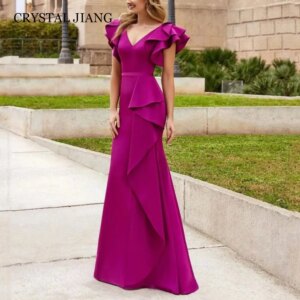 Vintage Long Purple V Neck Satin Evening Dresses Sleeveless A Line Ruffled Floor فساتين للمناسبات الخاصة