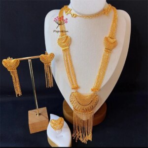 Popodion New Dubai 24K Women’s Gold Color Jewelry Set Necklace Earrings Women’s Ring Bridal Anniversary Gift YY10447