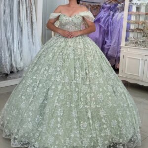 Mint Green Shiny Quinceanera Dresses Off Shoulder Ball Gown Sweet 16 Dress Sequin Applique Lace Beading Crystal Tull Birthday