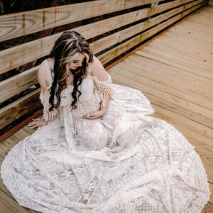 Don&Judy Boho Maternity Photo Shoot Dress Spaghetti Straps with Off-the-shoulder Lace Pregnant Woman Photography Long Dresses