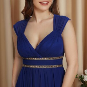 MisShow Customized Royal Blue V-Neck Evening Dress – Sparkling Crystal Waistband & Flowy Skirt for Party Banquet Customized