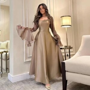 Customized  Classic Khaik Chiffon Homecoming Dress Elegant Graceful Square Collar Long Sleeves Bespoke Occasion Gowns M