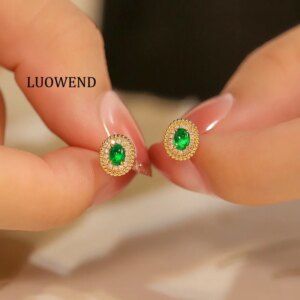 LUOWEND 18K Yellow Gold Earrings Vintage Palace Style Real Natural Diamond Natural Emerald Earrings for Women High Party Jewelry
