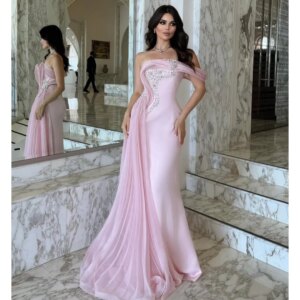 Pink Mermaid Evening Dresses Pleat One Shoulder Beading vestidos de noche Arabic Prom Dress Luxury Party Gowns Customized