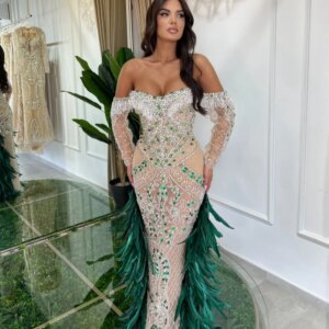 Green Beaded Feathers Evening Dress Off The Shoulder Wedding Party Gowns For Women Customized Shiny Rhinestones Cocktail Gown