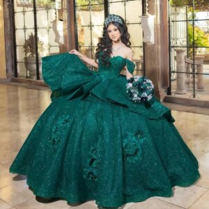 Mexican Emerald Green Glitter Quinceanera Dress Ball Gown Off The Shoulder Flower Beaded Bow Corset Sweet 16 Vestidos De 15Anos