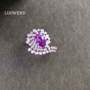 LUOWEND 100% 18K White Gold Rings Romantic Style Luxury Diamond Natural Pink Sapphire Ring for Women High Wedding Jewelry