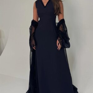 Customized Elegant Blue Chiffon Evening Dress Formal Ruched Girdling V-Neck Sleeveless Cap Sleeve Sweep Train Vestido