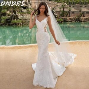 Sexy Lace Wedding Dress Romantic Customized Bridal Gown Pastrol Sleeveless Backless Trumpet Floor-Length Bridal Dress Vestidos