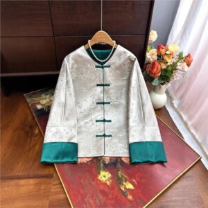 New Chinese coat female style brocade color contrast temperament blouse loose and thin