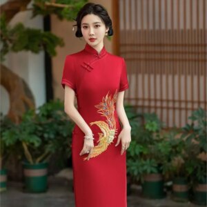 Women’s long slim-fit silk cheongsam mid-length daily wear
