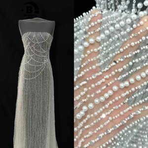 White African Beaded Sequin Lace Fabric 2025 High Quality French Tulle Lace Fabric Nigerian Bride Lace Wedding Dress Sewn 5Y