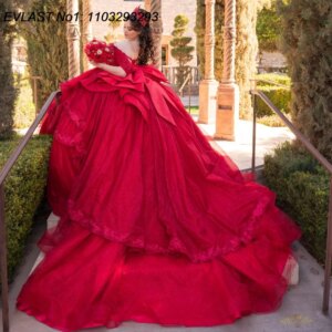 EVLAST Customized 2025 Red Ball Gown Quinceanera Dress Lace Applique Beading Big Bow Tiered Sweet 16 Vestidos De 15 Anos E1Q851