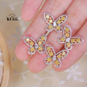 KUGG 18K White Gold Earrings Luxury Butterfly Shape Real Natural White&Yellow Diamond Stud Earrings for Women High Party Jewelry