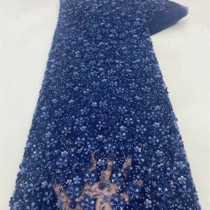 Luxurious Blue Nigerian 3D Handmade Beaded French Lace 2025 High Quality Sequins Embroidery African Net Lace Fabric Dress W599-1