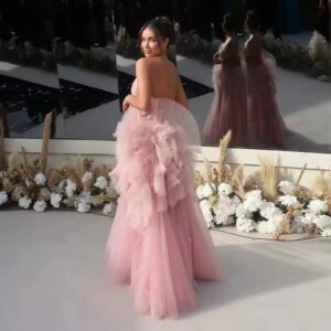 2025 Fashionable Pink Ruffled Tulle Women Party Dresses Chic Design Fluffy Pleated Wedding Guest Dress Arabic Prom Gown