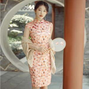 Summer New High Quality Real Silk Improved Printed Short Cheongsam Qipao Women’s Dress plus Size