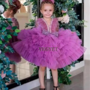 CustomizedCharming Flower Girls Dresses with Sequined Full Sleeve V Neck Christmas Gowns 2024 Knee Length Tutu Cake Smash Birthd