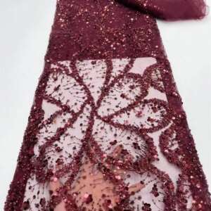 African Lace Fabric High Quality 2025 Embroidered Dubai Beads Sequence Fabric Wine Nigeria Elegant Fabric for Wedding Dr Q481 -1