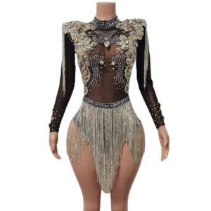 Sparkle Rhinestones One Piece Short Jumpsuit Sexy Mesh Diamond Tassel Sparkle One Piece Short Bodysuits Female Stage Dancer Wear