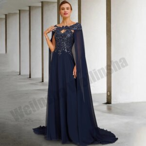 Navy Blue Mother of The Bride Dress with Chiffon Cape Sparkling Sequin Applique A Line Wedding Guest Dresses Evening Gown