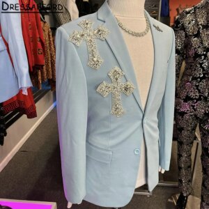 Light Blue Men Suits Two Pieces Beading Cross Evening Party Blazer Groom Wear ( Jacket + Pants )