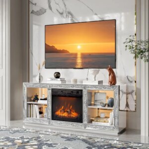 Mirrored Fireplace TV Stand for 70″ TV, Diamond Entertainment Center with Shelves & 20 Color LED Lights, Media Console Table wi