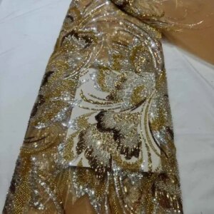 2025 High Quality African Nigerian Tulle Laces Fabric Sequins Embroidery French Lace For Wedding Party Dress Heavy Beads 5 Yards