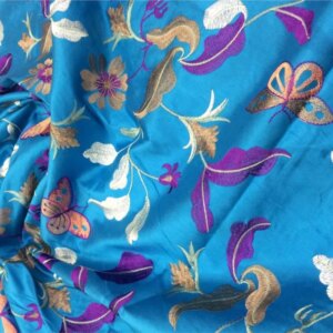 Silk double embroidered garment fabric 22momme flying lake blue brocade satin