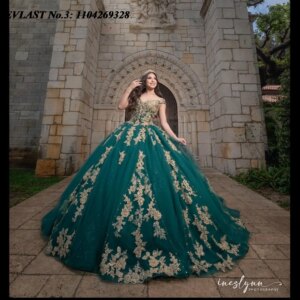 EVLAST Customized Glitter Dark Green Quinceanera Dress Ball Gown Gold Lace Applique Beading Sweet 16 Vestido De 15 Anos E3Q277