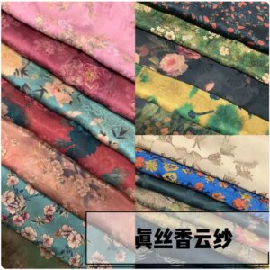 Spring and Summer Silk Flower Rose Fragrant Cloud Yarn Fabric National Style Cheongsam Shirt Short Sleeve Dress Cloth