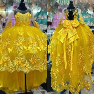 Gold Princess Flower Girl Dresses Customized Butterfly Little Girl’s Quinceanera Dress First Communion Pageant Birthday Gowns