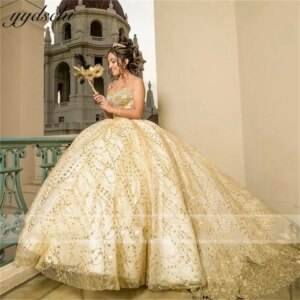 2025 Gold Off The Shoulder Quinceanera Dresses Sweetheart Tulle Beading Graduation Party Dress Princess Ball Gown Dress For 16