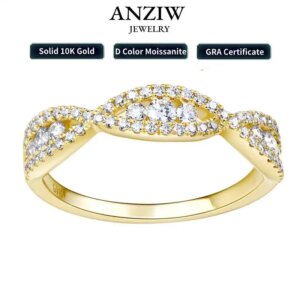 Anziw Real Gold Ring Pure 10K AU417 Round D Color Moissanite Wedding Band Twist Ring for Women Certificate Engagement Jewelry