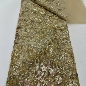 Gold Luxury Fabric For Dress 5 Yards with Beads 3D Flower Lace Fabric Embroidered Dubai New 2024 Sequin Lace Fabric For Sew