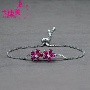 Cadermay fashion jewelry Customized 925 Original Flexible Length Flower Shape Lab Grown Ruby Bracelet for Women Gifts