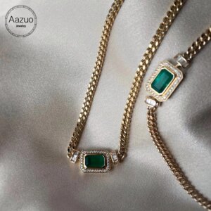 Aazuo 18K Pure Yellow Gold Real Diamond Natrual Emerald Square Pendet Cuban Chain Necklace Gift For Women Engagement Party Au750