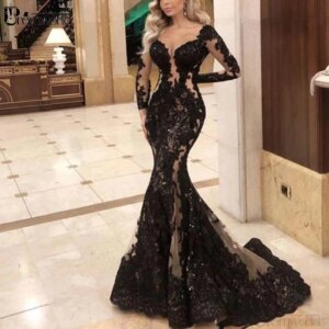 Modest Black Mermaid Evening Dresses Long Sleeve Lace Appliqué Elegant Evening Gown Formal Party Dress 2024 Vestidos De Noite