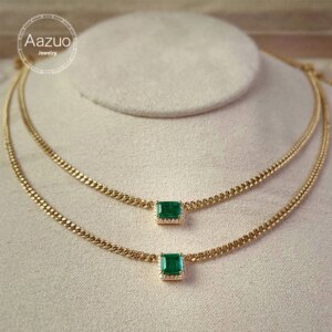 Aazuo 18K Yellow Gold Natural Emerald Real Diamonds Lovely Square Choker 41CM Necklace Gifted For Women Engagement Party Au750