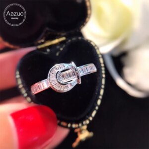 Aazuo 18K Pure White Gold Real Diamond Gifted For Women Belt Buckle Shape Ring Promise Engagement Rings Anniversary Fine Jewelry