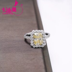 CADERMAY 14K Real Gold Emerald Cut Yellow Moissanite Rings For Women with Melee Gemstones Fine Jewelry Wedding Party