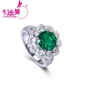 CADERMAY S925 Sterling Silver Flower Shape 9mm Emerald Ring with Melee Moissanite Diamond Gemstone for Engagement Fine Jewelry