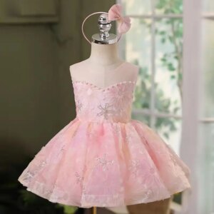 Dreamy Vow Glamours Pink Girl Dress Pearl for Kids Toddler Wedding Birthday Holiday Party Celebration Knee Length Ball Gown J737