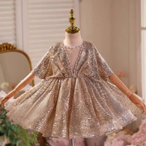 Dreamy Vow Luxury V-Neck Beaded Brown Flower Girl Dress Cap Sleeve Dubai Wedding Birthday Holiday Evening Party Summer Prom D031