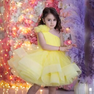 Dreamy Vow Glamorous One-Shoulder Yellow Tulle Flower Girl Dress dresses For Special Occasions Wedding Short Ball Gown 2025 D055