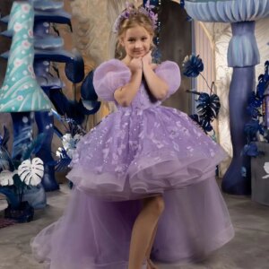 Dreamy Vow J779 Beautiful Applique Puff Sleeve Tulle Flower Dress With Trailing for Kids Wedding Birthday Party Pageant Prom