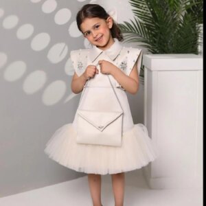 Dreamy Vow Graceful Shirt Collar Pearl Satin Tulle Flower Girl Dress With Bow Sleeveless Wedding Birthday Party Prom Gown J861