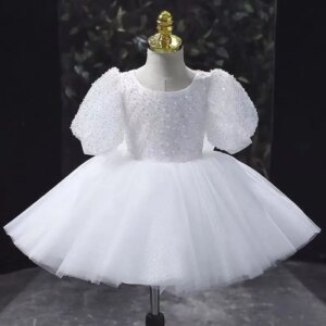 Dreamy Vow Elegant White Girl Dress Bowed for Kids 1st Birthday Toddler Wedding Holiday Party Spring Summer Short Ball Gown J735