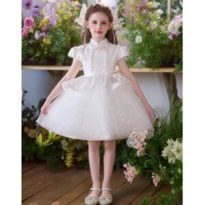 Dreamy Vow Adorable Chinese Style Neck Ruffle Tulle Flower Girl Dress Wedding Birthday Party First Communion Prom Ball Gown J842