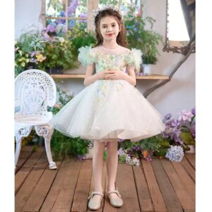 Dreamy Vow Graceful O-Neck Embroidered Butterfly Tulle Green Flower Girl Dress Wedding Birthday Evening Party Holiday Prom J513